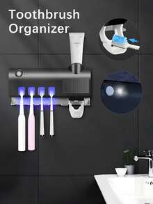 1Pc Smart Toothbrush Sterilizer, Hole-Free Wall-Mounted Toothbrush Holder, USB Charging Multi-Functional Automatic Toothpaste Squeezer, Bathroom Set Can Hold 4 Toothbrushes And One Toothpaste, Suitable For Bathrooms, Dormitories, And Home Decoration Home Bathroom Decor Back To School