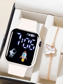 2 件/套 1 件卡通心形方形电子手表和 1 条蝴蝶手链情人节礼物圣诞礼物毕业礼物情侣礼物情侣手表手链万圣节、圣诞节、情人节、母亲节、节日礼物的最佳选择