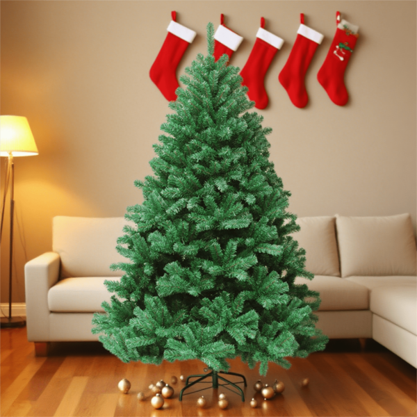 6 pieds Sapin de Noël artificiel premium, branches de pin touffues avec support en métal, décoration de Noël facile à monter pour la maison, cadeau de vacances inclus