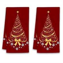 1/2Pcs Festive Christmas Kitchen Towels, 15.7x23.6in - Red With Golden Snowflake & Pine Tree Design, Soft Polyester Dish Towels For Cooking, Baking, And Holiday Decor, Perfect For Kitchen Or Bathroom Use, Hand Wash Only, Christmas Kitchen Decor