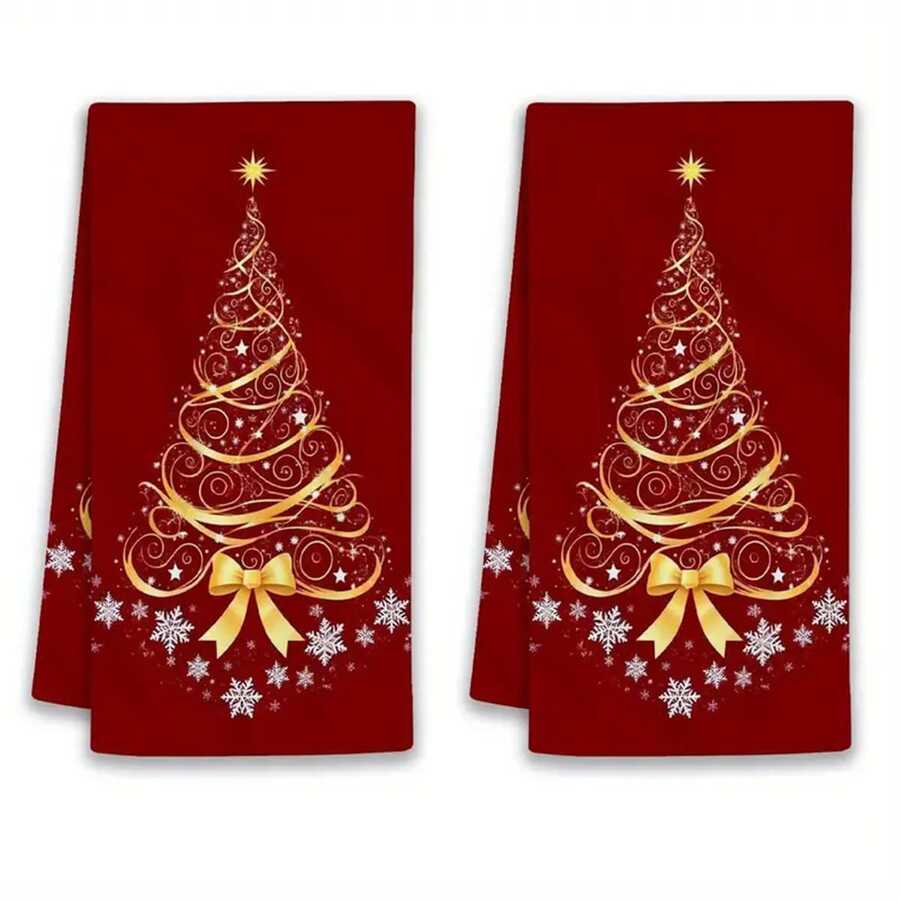 1/2Pcs Festive Christmas Kitchen Towels, 15.7x23.6in - Red With Golden Snowflake & Pine Tree Design, Soft Polyester Dish Towels For Cooking, Baking, And Holiday Decor, Perfect For Kitchen Or Bathroom Use, Hand Wash Only, Christmas Kitchen Decor