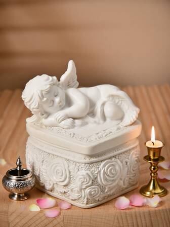 1个复古天使烛台摆件，北欧风格，家居桌面玄关装饰，树脂工艺装饰收纳盒，小型收纳盒，可存放化妆品、戒指、珠宝等。