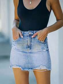 Spring/Summer | Women's Sexy Denim Skirt, Button With Zipper Closure Design, Hole Creativity, Inelastic Fabric, Suitable For Travel And Party Occasions. - Rửa nhẹ - Xem 4