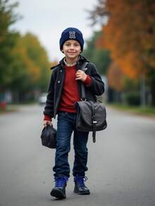 1 件儿童针织帽，26 个字母图案，纯色针织帽，女童儿童帽子，户外保暖帽，秋冬 - 藏蓝色 - 查看 2