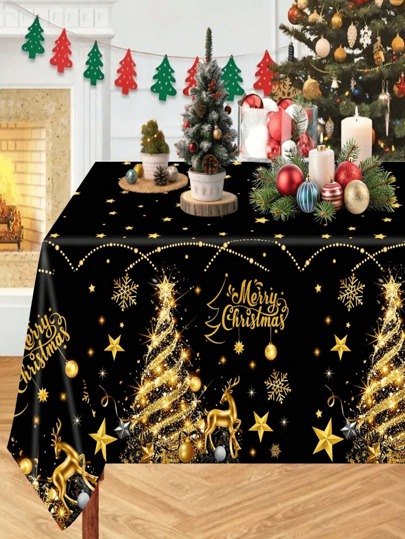 1pc/200pcs 140*180cm Christmas Theme Tablecloth, Black & Gold Style With Golden Christmas Tree, Reindeer & Snowflake Elements Design, Plastic Tablecloth, Christmas & New Year Home Decor, Christmas Party & Family Gathering Table Decoration