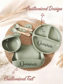 Conjunto de vajilla de silicona personalizado, conjunto de alimentación con nombre, babero de silicona grabado, conjunto de destete con dibujos animados para niña/niño pequeño, conjunto de alimentación con nombre, perfecto para la escuela y la familia