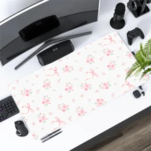 Pink Bow Mouse Pad Aesthetics Art Desk Mat 35.4x15.7 Inch Office Desk Accessories Rubber Base With Stitched Edge Non-Slip Mousepad For Office Decor Home Decor As Gifts For Women,Girlfriends,Friends Birthdays,School Supplies,Back To School