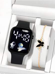 2 件/套 1 件卡通心形方形电子手表和 1 条蝴蝶手链情人节礼物圣诞礼物毕业礼物情侣礼物情侣手表手链万圣节、圣诞节、情人节、母亲节、节日礼物的最佳选择