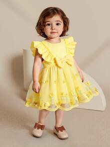 SHEIN Vestido elegante de malla para bebé niña con moño, volantes y patrones de jacquard - Amarillo - Ver 5