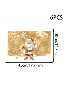 4 pièces/6 pièces/1200 pièces Napperon de Noël en polyester 30x45cm, design rétro et raffiné avec feuille d'or, avec des flocons de neige brillants en arrière-plan, le Père Noël enlace une boîte-cadeau dorée avec un bonnet rouge à pompon blanc, style classique, associé à des décorations d'étoiles pour ajouter de la profondeur, aidant à la décoration festive de la table de salle à manger de Noël, des fêtes et de l'espace familial