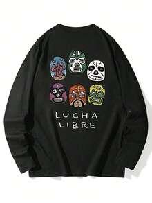 女士长袖棉质川剧脸谱印花T恤，宽松中长款，黑色，秋冬时尚 - 黑色 - 查看 5