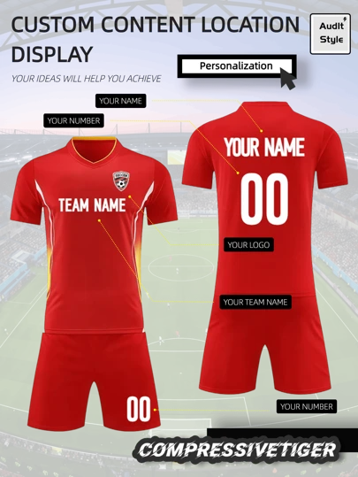 2pcs Customized Men's Football Training Suit - Personalized Name & Number (Front/Back) + Optional Team Name/Logo - Red & Yellow - Red Gradient Side Stripes - Quick-Dry Breathable - Suitable For Football, Volleyball, Training And Matches