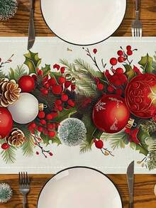 1 pieza Camino de mesa navideño - Rectangular con rayas, decoración navideña con adornos rojos y dorados, ramas de pino y copos de nieve para la cocina, comedor, fiesta, decoración del hogar, decoración de mesa navideña, patrones de copos de nieve, tela resistente, textil de temporada, decoración navideña (13x35.4/47.2/63/72/78.7 pulgadas)