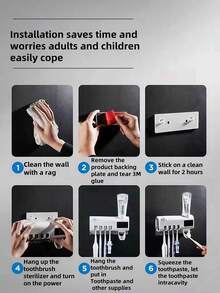 1Pc Smart Toothbrush Sterilizer, Hole-Free Wall-Mounted Toothbrush Holder, USB Charging Multi-Functional Automatic Toothpaste Squeezer, Bathroom Set Can Hold 4 Toothbrushes And One Toothpaste, Suitable For Bathrooms, Dormitories, And Home Decoration Home Bathroom Decor Back To School