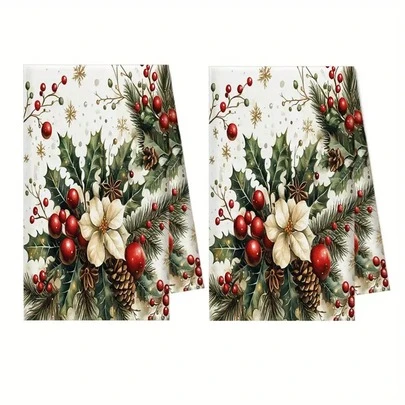1/2 件节日冬青和槲寄生厨房毛巾套装，15.7x23.6 英寸 - 柔软涤纶手巾，带有红色、绿色和金色节日图案，非常适合擦干碗碟和茶杯，复古农舍风格，非常适合厨房和餐厅装饰，圣诞毛巾