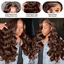 13x6 波浪卷发蕾丝前额棕色假发，真人混纺发丝，预先拔毛，高清透明蕾丝前额假发，200%密度，无胶假发，带婴儿发，女士款，26英寸假发 - 棕色 - 查看 4