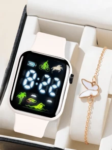 2 件/套 1 件卡通心形方形电子手表和 1 条蝴蝶手链情人节礼物圣诞礼物毕业礼物情侣礼物情侣手表手链万圣节、圣诞节、情人节、母亲节、节日礼物的最佳选择