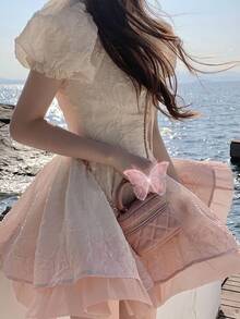 Vestido de princesa pompón con un dulce degradado en verano, el nuevo pequeño francés se baja la cintura para mostrar su delgadez y deseo puro. - Rosa - Ver 3