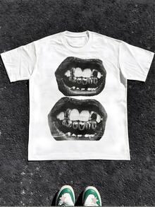 Featuring Lips And Teeth Design,Comfortable Casual Short Sleeve, 220 Grams Heavyweight Cotton Printed T-Shirt - trắng - Xem 1