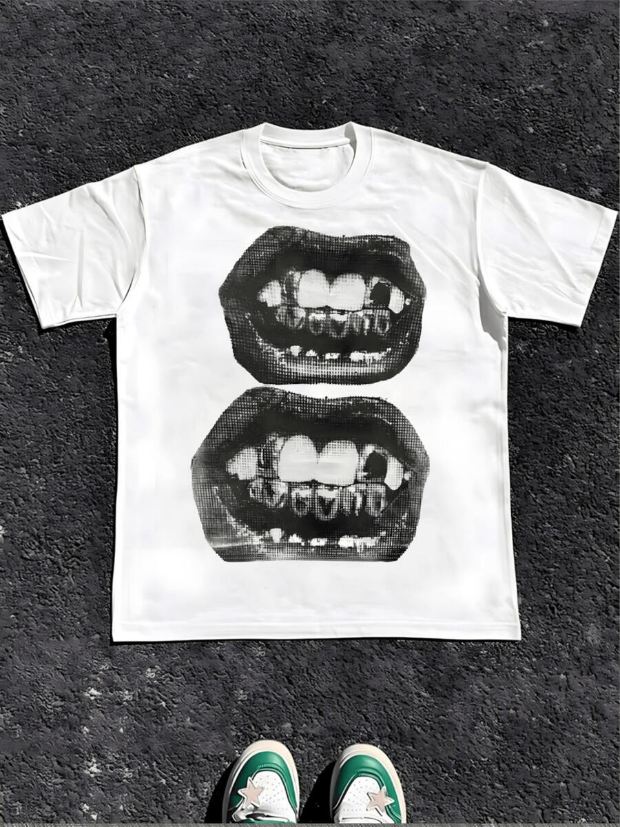 Featuring Lips And Teeth Design,Comfortable Casual Short Sleeve, 220 Grams Heavyweight Cotton Printed T-Shirt - trắng - Xem 1