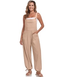 GS SNOWING Womens Wide Leg Overalls Loose Beach Vacation Outfits Jumpsuits 2025 Causal Sleeveless Rompers With Pockets - 卡其色 - 查看 4