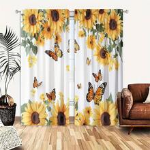 2pcs, Polyester Material, High-Definition Digital Print Sunflower And Butterfly Pattern, Filter Curtain, Suitable For Bedroom, Living Room, Office And Home Decoration, Pole Pocket Design,Curtains 84inch Long
