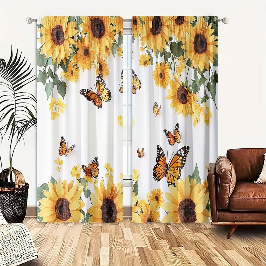 2pcs, Polyester Material, High-Definition Digital Print Sunflower And Butterfly Pattern, Filter Curtain, Suitable For Bedroom, Living Room, Office And Home Decoration, Pole Pocket Design,Curtains 84inch Long