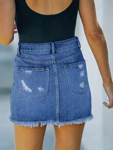 Spring/Summer | Women's Sexy Denim Skirt, Button With Zipper Closure Design, Hole Creativity, Inelastic Fabric, Suitable For Travel And Party Occasions. - Medium Wash - View 3
