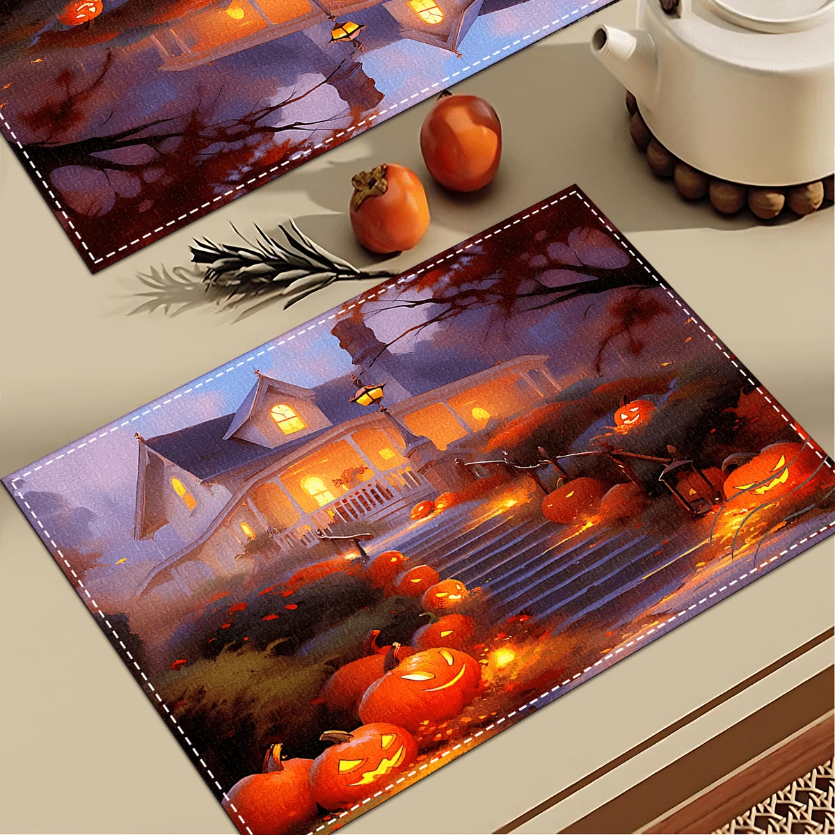 1 pieza/4 piezas/6 piezas Manteles individuales de lino con estampado de elementos de Halloween, decoración del hogar, adecuados para regalos de Halloween, decoración de Halloween, aplicables a la mesa de comedor, para todas las estaciones, manteles de mesa modernos lavables, decoración de habitaciones, manteles individuales, posavasos, manteles de mesa de cocina y comedor, decoración de fiestas interiores/exteriores, decoración del hogar, regalo ideal - Multicolor - Ver 1