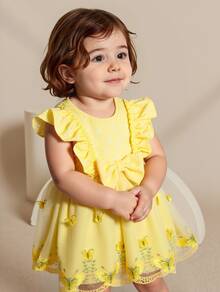 SHEIN Vestido elegante de malla para bebé niña con moño, volantes y patrones de jacquard - Amarillo - Ver 2