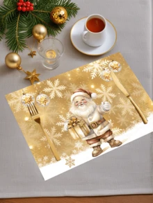 4 pièces/6 pièces/1200 pièces Napperon de Noël en polyester 30x45cm, design rétro et raffiné avec feuille d'or, avec des flocons de neige brillants en arrière-plan, le Père Noël enlace une boîte-cadeau dorée avec un bonnet rouge à pompon blanc, style classique, associé à des décorations d'étoiles pour ajouter de la profondeur, aidant à la décoration festive de la table de salle à manger de Noël, des fêtes et de l'espace familial