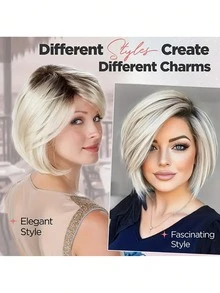 Peruca curta, cinza claro, com degradê de cor, cabelo liso, peruca de fibra sintética, corte em camadas, peruca sintética macia de 30 cm, adequada para uso diário por mulheres, meninas e moças