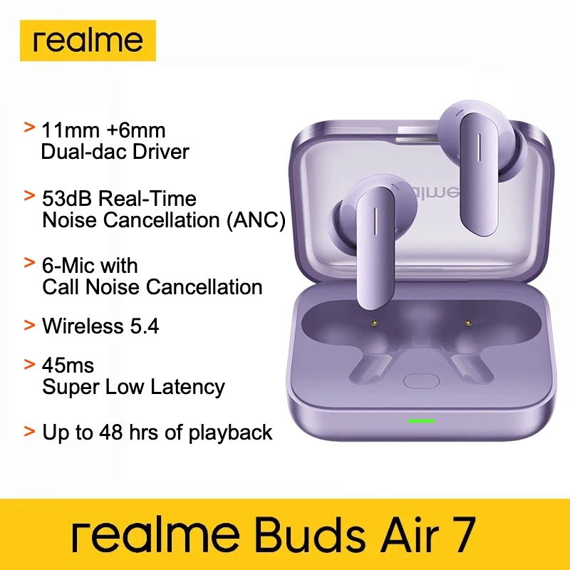 Realme Buds Air 7 真无线耳机，12.4mm 超强钛金属低音驱动单元，52dB 智能主动降噪，Hi-Res 高解析度音频和 LHDC 5.0 音频，长达 52 小时续航，360° 环绕音效，圣诞礼物/赠品
