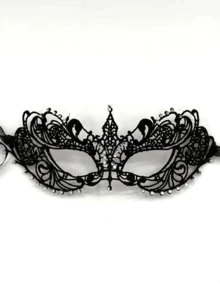 Adult Masquerade Ball Mask, Diamond Inlaid Satin Belt Style, Mysterious And Fun Lace Mask, Couple Style And Men's And Women's Lace Headwear And Clothing, Christmas Mask - Black - View 1