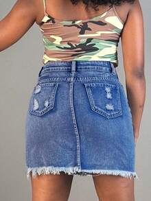 Spring/Summer | Women's Sexy Denim Skirt, Button With Zipper Closure Design, Hole Creativity, Inelastic Fabric, Suitable For Travel And Party Occasions. - Medium Wash - View 2