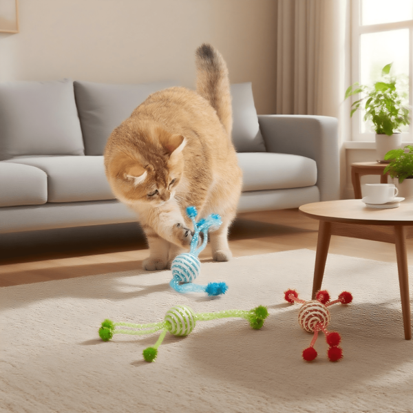 3 piezas Juguetes para gatos de bola de cuerda de sisal, juguetes de tumblers de plástico, bolas rascadoras para gatos
