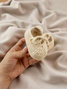 1 Pair Handmade Crochet Infant Shoes With Bowknot, Soft Knitted Anti-Slip Prewalker Socks