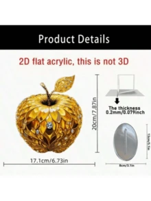 2D 平面，1 件玉石嵌入金苹果抽象艺术雕像 - 2D 平面亚克力装饰，椭圆形底座，优雅的金色饰面，非常适合客厅、办公室或餐厅装饰，完美的婚礼、生日和派对礼物，雕像装饰 | 节日礼物 - 金色 - 查看 3