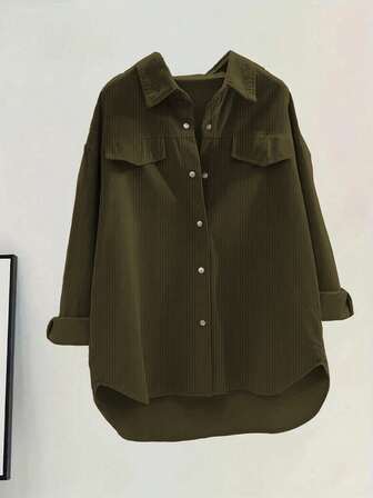 Camisa casual de mujer de unicolor con botones delanteros, manga larga y bolsillo falso