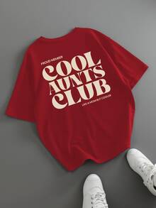 Summer Women's Loose Plus Size Patterned T-Shirt, "Cool Auntie Club" Letter Print, Mother's Gift,Mother's Day Gift, Teacher's Day Gift, Back-To-School Season - Red - View 3