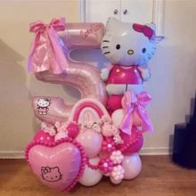 39 بالون مع قضبان من القطة الجميلة هالو كيتي من سانريو، بالونات رقم فويل 32 بوصة باللون الوردي اللؤلؤي، مناسبة لديكور حفلة عيد الميلاد
