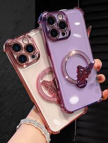 奢华电镀透明紫色手机壳，创意蝴蝶支架，水钻闪粉，Y2K风格，防震，新款夏季硅胶软壳保护套，兼容 16/16E/15/14/13/12/11/X/XS/XR/8/7 Plus/Pro/Max/Mini，Galaxy S24/S25 Ultra，兼容小米、荣耀、Reno、MOTO Women 2025等机型。 - 紫色 - 查看 5