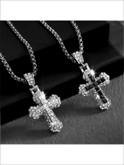 1 pieza Collar con colgante de cruz con incrustaciones de rhinestones personalizado y de moda, estilo hip hop lujoso europeo y americano, adecuado para hombres y mujeres, parejas, uso diario y como regalo