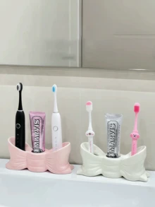 حامل فرشاة أسنان سيراميكي أبيض وزهري، رف تخزين قائم بذاته ب- 3 فتحات لأسطح الحمام، منظم متعدد الوظائف لفرشاة الأسنان ومعجون الأسنان، ديكور منزلي أنيق ومتين، مستلزمات حمام عصرية - متعدد الألوان - مشاهدة 5