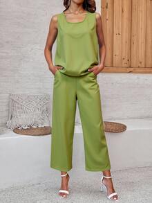 Conjunto Elegante de Blusa y Pantalón para Mujer en Tela Delgada con Apertura en la Espalda y moños. - Verde - Ver 3