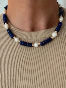 1pc Ceramic Flower & Faux Pearl Beaded Necklace, Bohemian Style Blue Ceramic Necklace, Suitable For Women's Daily Wear, Dates, Parties, Beach Vacations, Gifts