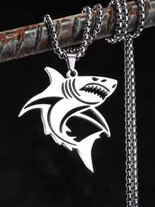 1 buc. Colier cu pandantiv punk Fierce Shark din oțel inoxidabil, accesoriu elegant pentru îmbrăcăminte de stradă, colier decorativ versatil - Argint - Vizualizare 2