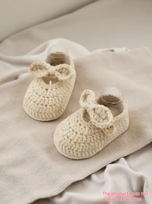 1 Pair Handmade Crochet Infant Shoes With Bowknot, Soft Knitted Anti-Slip Prewalker Socks