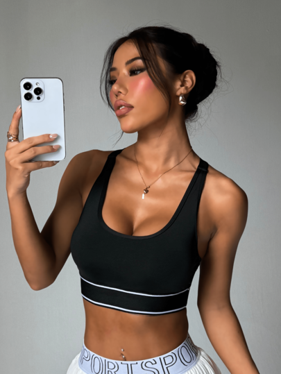 Zwart Round Neck Removable Padded Mesh Splice Elastic Com Tafel Sports Knit BH view 4