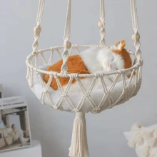 Hand-Woven Cotton Cat Hammock - Cozy 4-Season Hanging Bed (Indoor Boho Nest Pets) - trắng - Xem 1